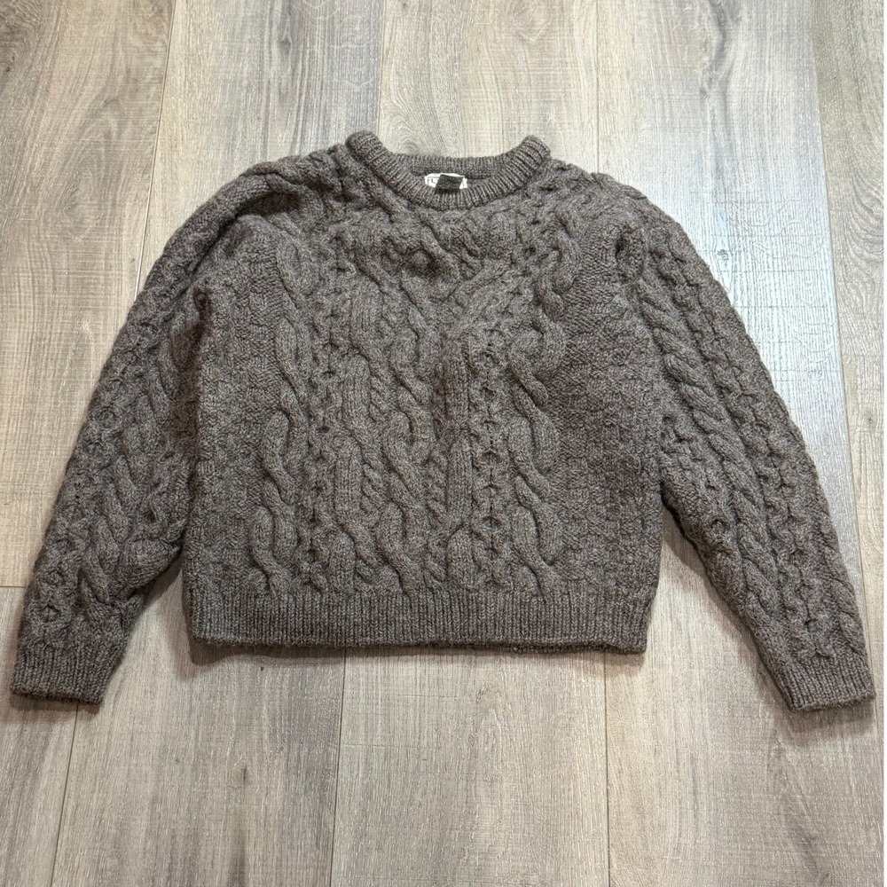 Vintage LL Bean Mens S 100% Wool Cable Knit Brown Sweater